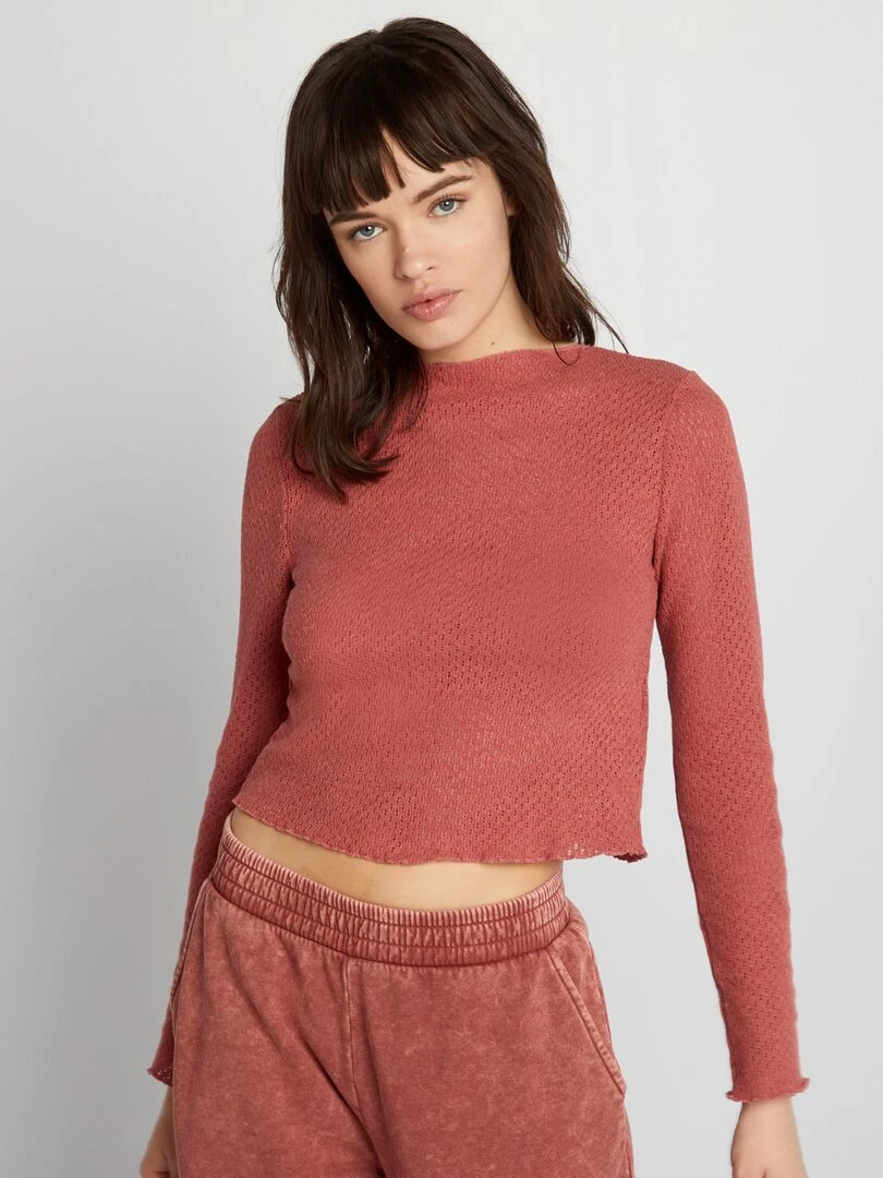Tee shirt crop top ajouré Rose brique