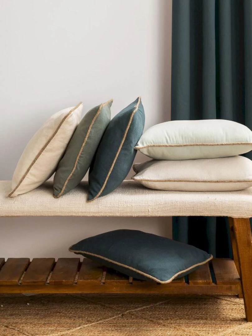 Coussin en coton recyclé avec piping jute 'Deko&co'   Vert émeraude