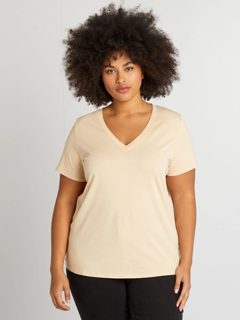 T shirt en jersey à col V   Beige