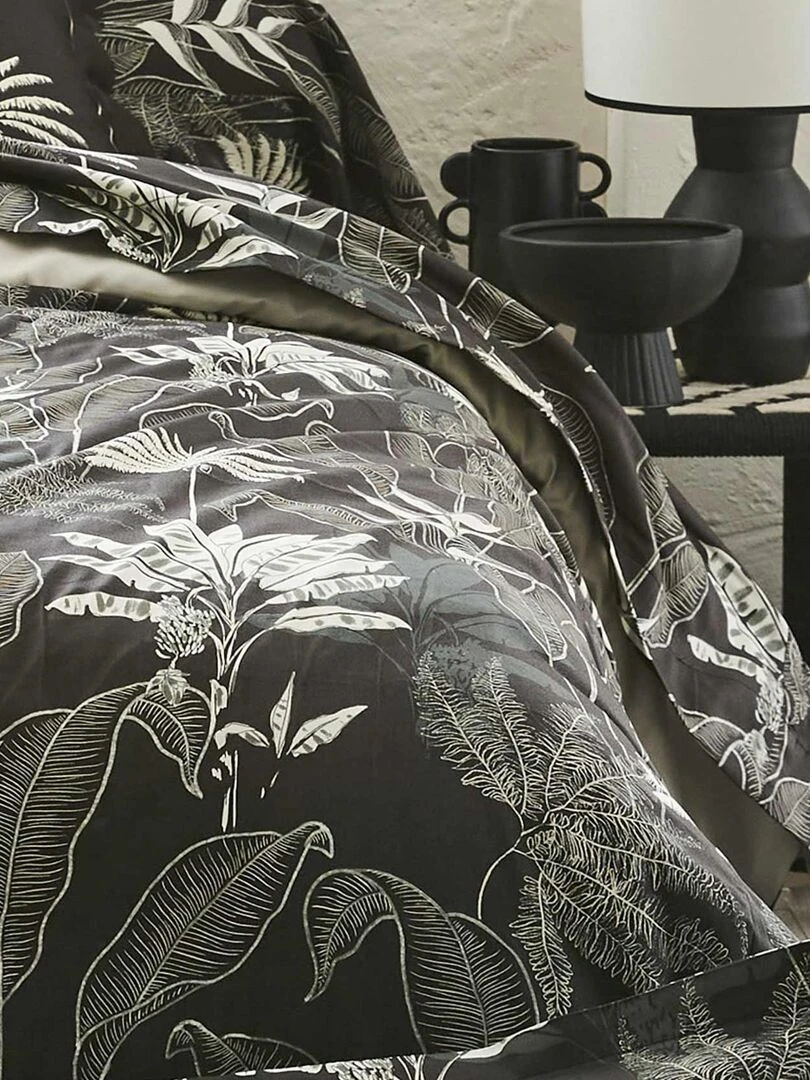Drap plat en satin aux feuilles tropicales gris anthracite