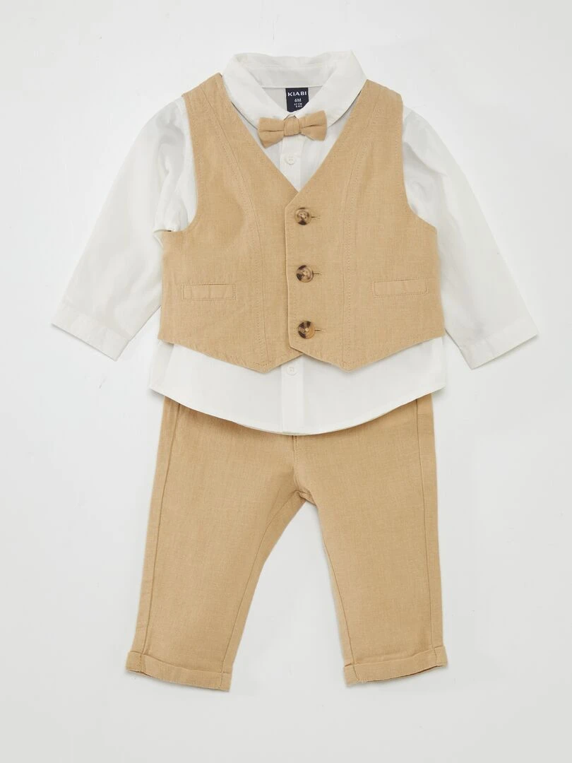 Ensemble chemise + pantalon + gilet + nœud papillon 3 pièces Beige