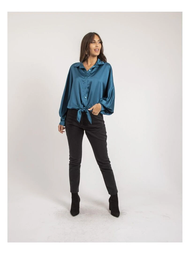 Chemise satin à nouer OBANA   Bleu canard