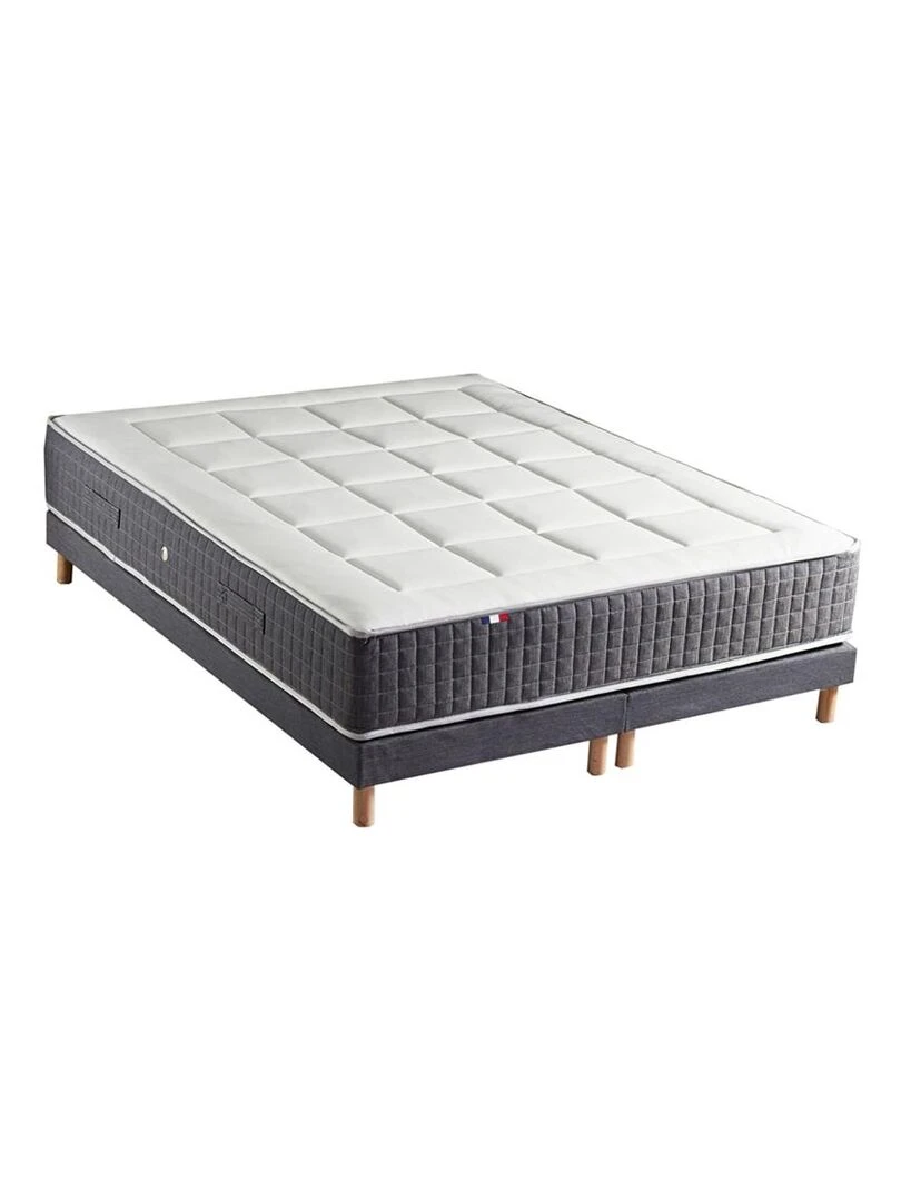 Ensemble Matelas Ressort 7 zones + Mémoire de forme + Sommier KING STYLE Fabriqué en France Blanc Bleu
