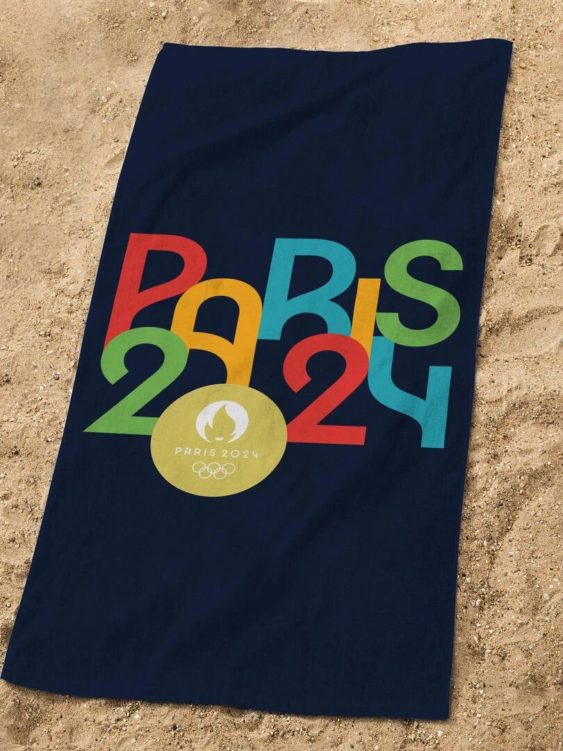 Drap de plage imprimé 100% coton PARIS 2024 JEUX OLYMPIQUES ARCHES Bleu marine
