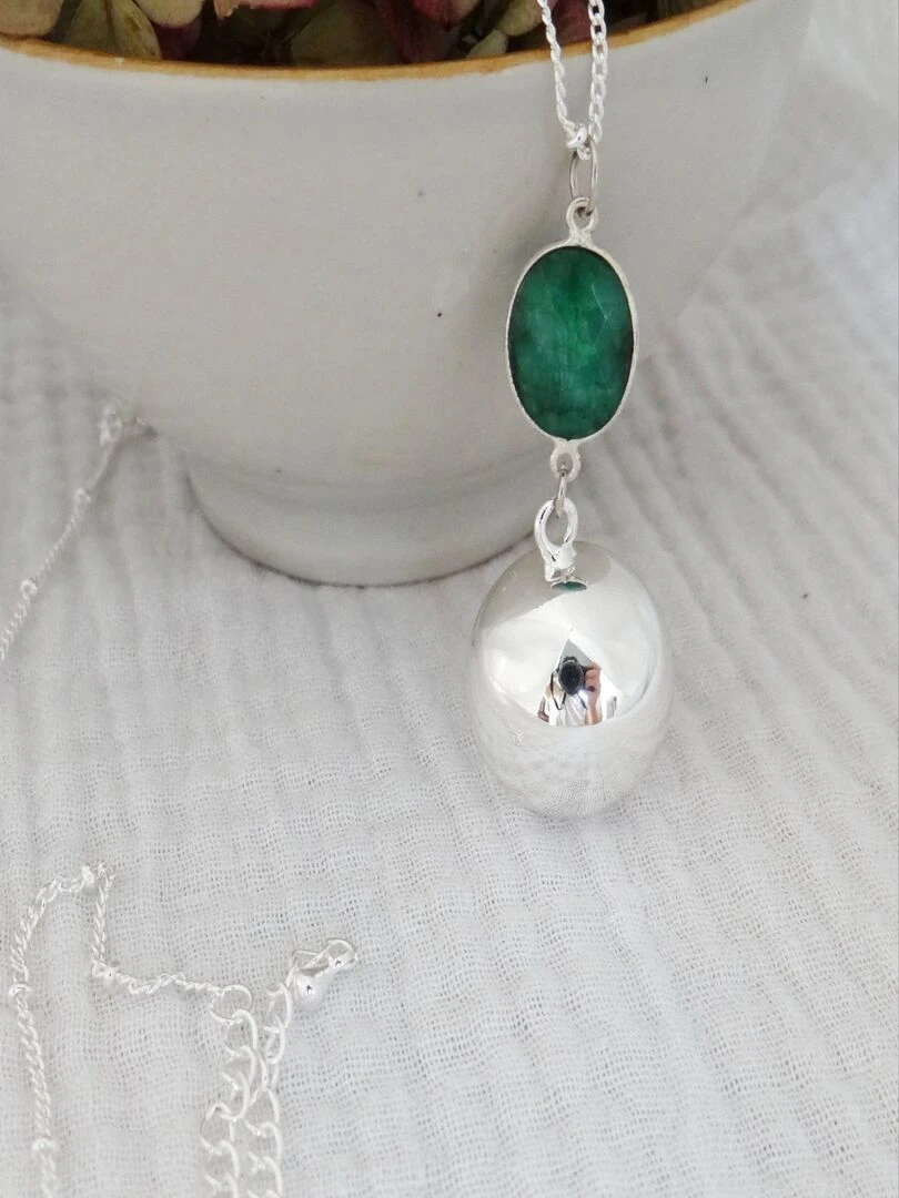 Bola Argent Pendentif Emeraude Argent