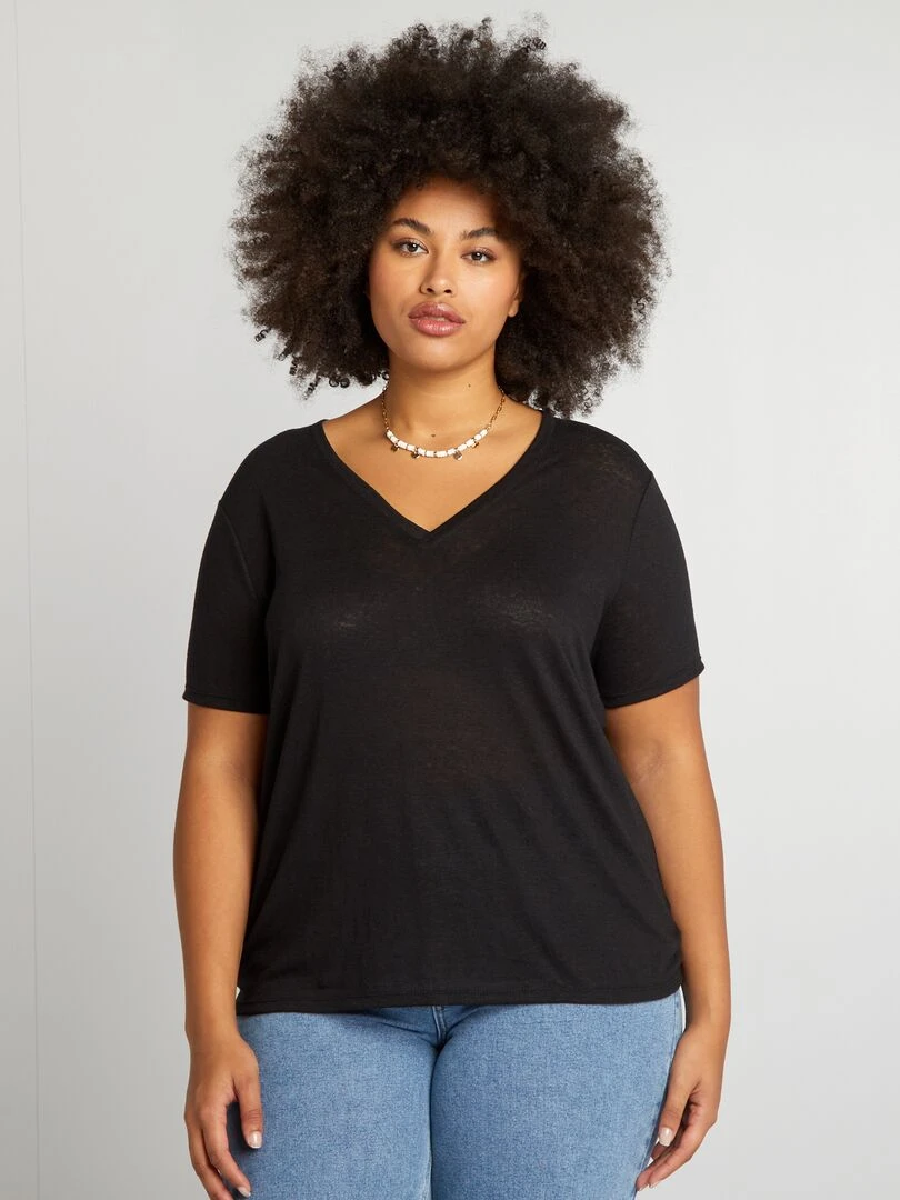 T shirt uni en lin mélangé   noir