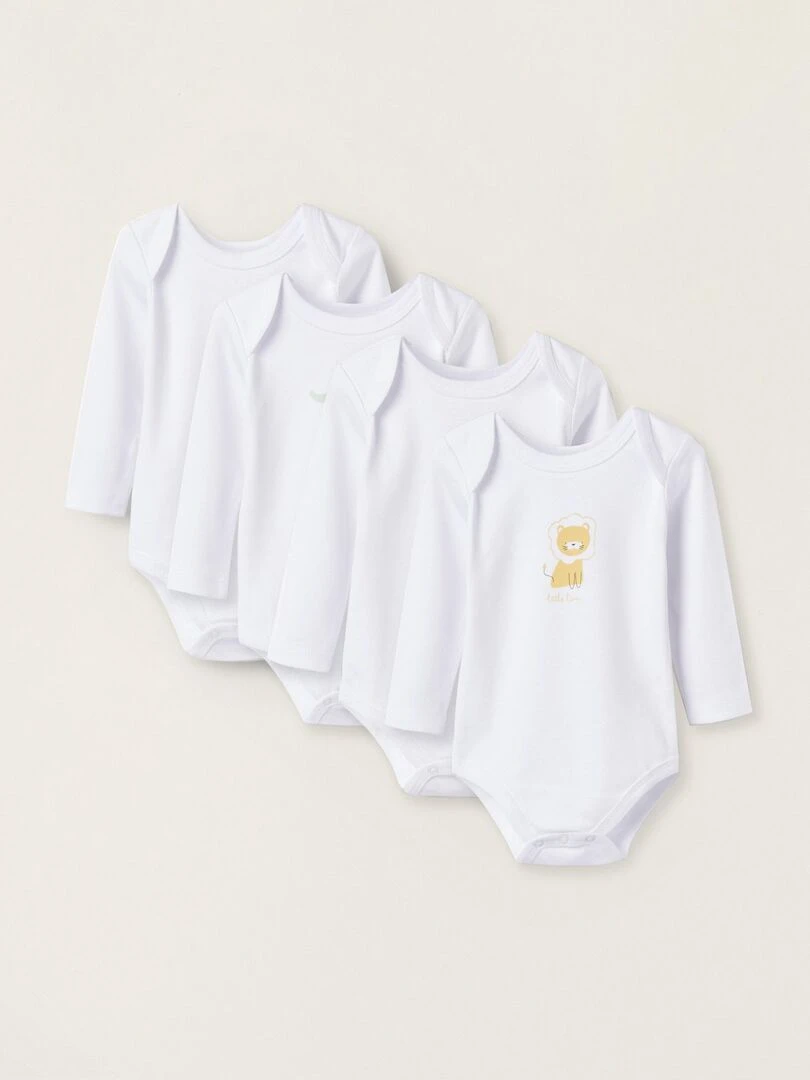 Pack 4 Bodies en Coton pour Nouveau Né et Bébé 'Animaux' manches longues ESSENTIALS LINE Blanc