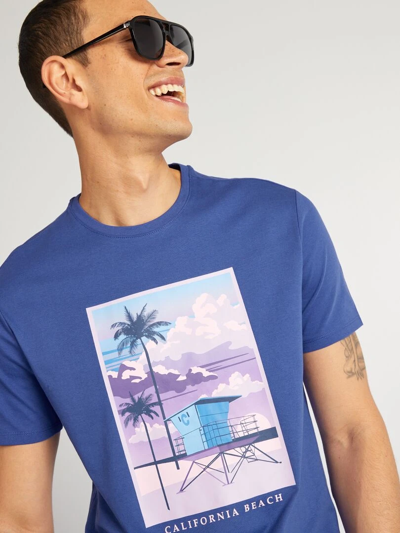 T shirt en coton imprimé à col rond Bleu électrique