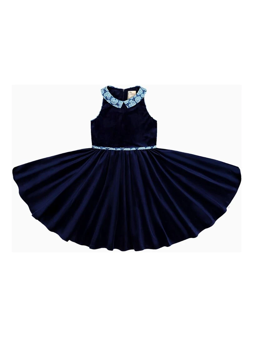 Robe Qui Tourne Fille  Velours Bleu Marine  Col Fleuri  HEPBURN   'LA FAUTE A VOLTAIRE'   Rouge