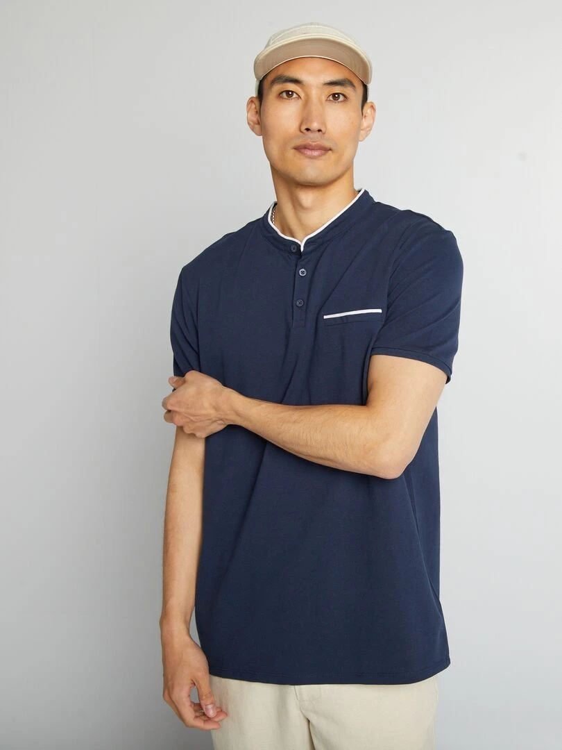 Polo à col mao en piqué de coton Bleu marine