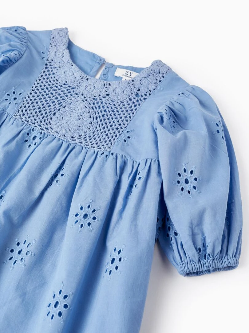 Robe en coton avec broderie anglaise pour fille manches courtes ATLANTIC COMPANY   Bleu clair