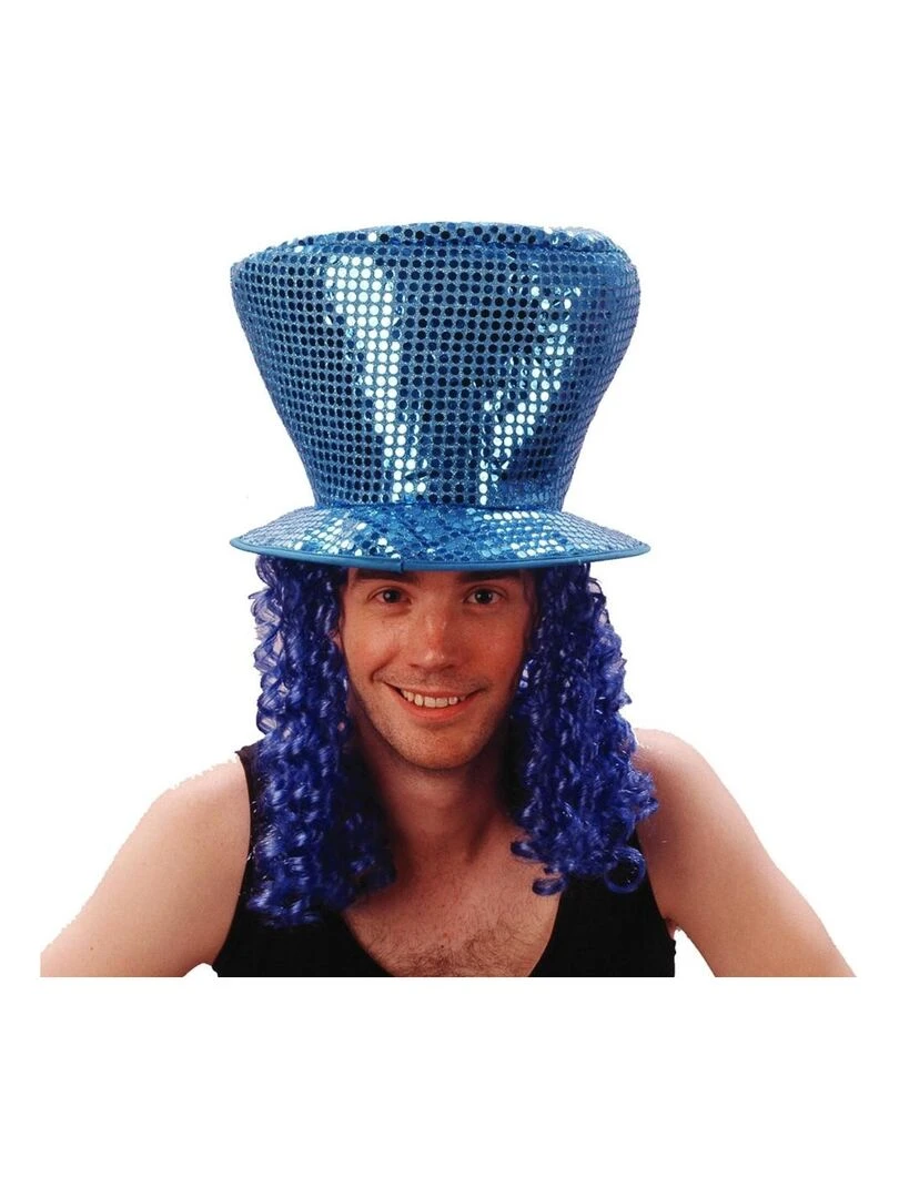 Chapeau Disco avec cheveux Bleu