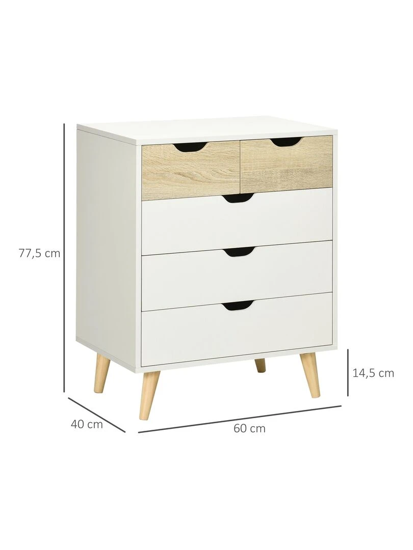 Commode design scandinave 5 tiroirs bois blanc aspect bois clair   Blanc