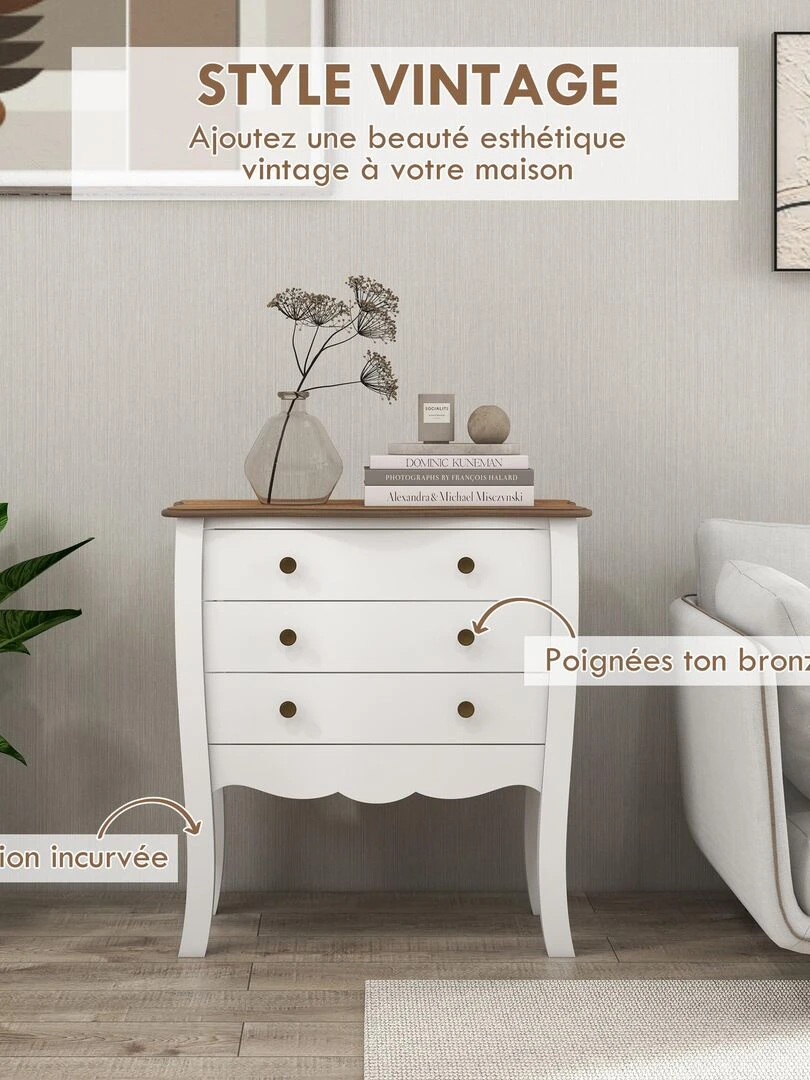Commode style néo rétro 3 tiroirs poignées boutons bois MDF panneaux blanc   Blanc