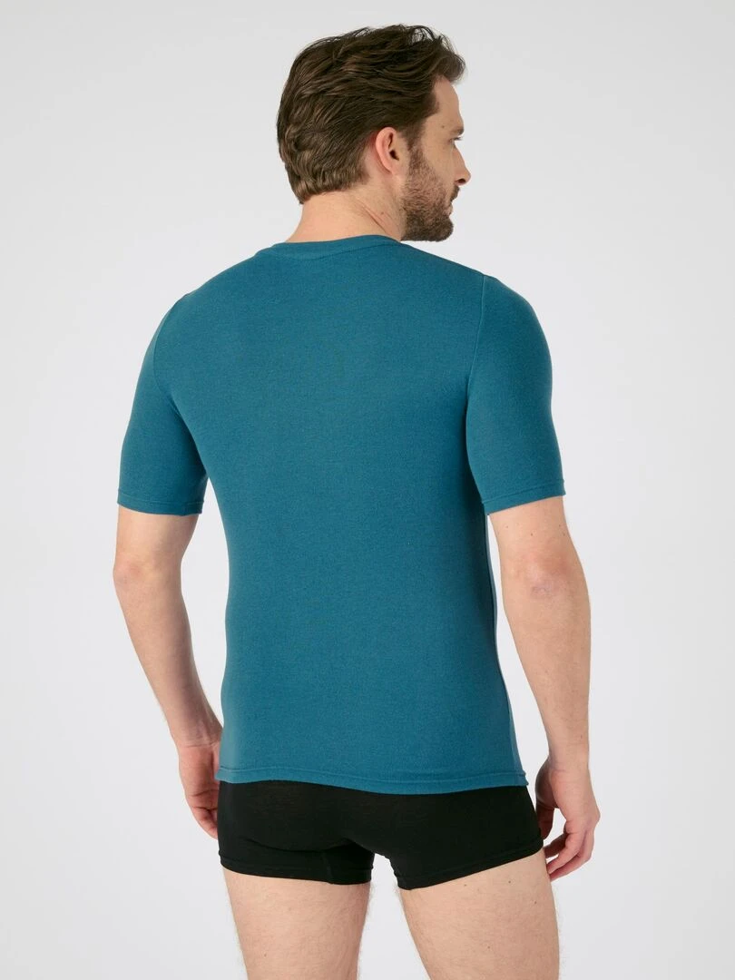T shirt col rond manches courtes fine côte Thermolactyl   Damart   Bleu pétrole