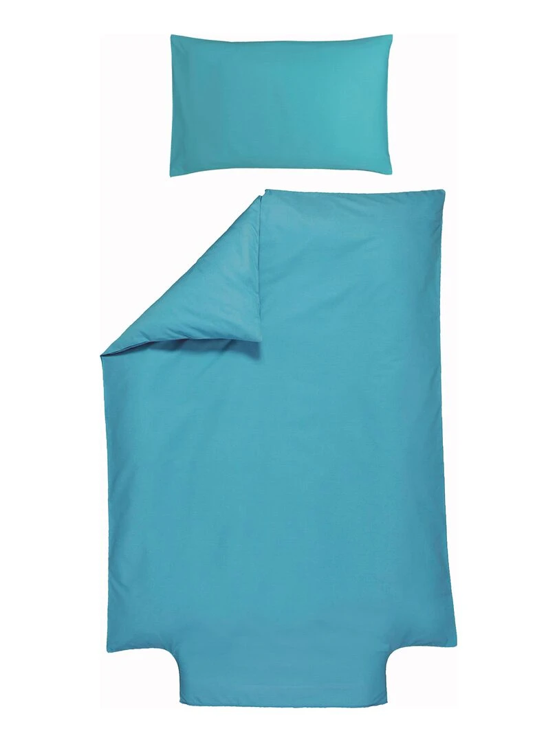Parure de lit housse de couette 100x140 cm + taie 40x60 cm Coton Bio 'P'tit Basile' Bleu canard