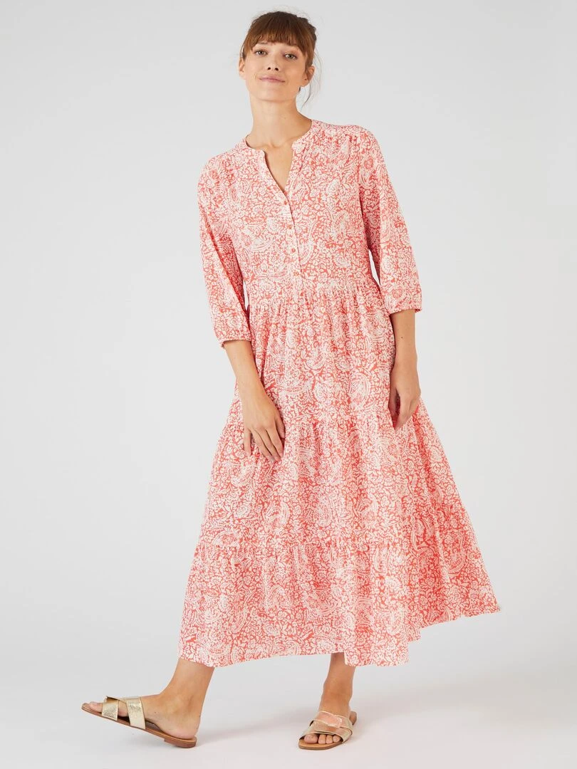 Robe longue maille crêpe à volants Damart Orange corail