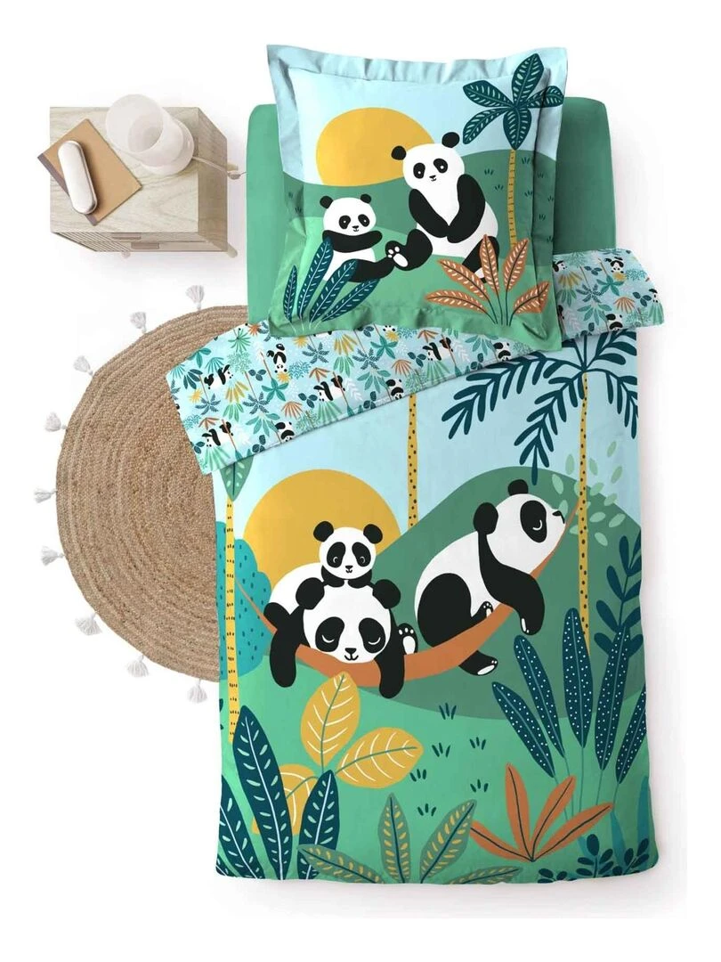 Parure de couette ambiance panda land Bleu