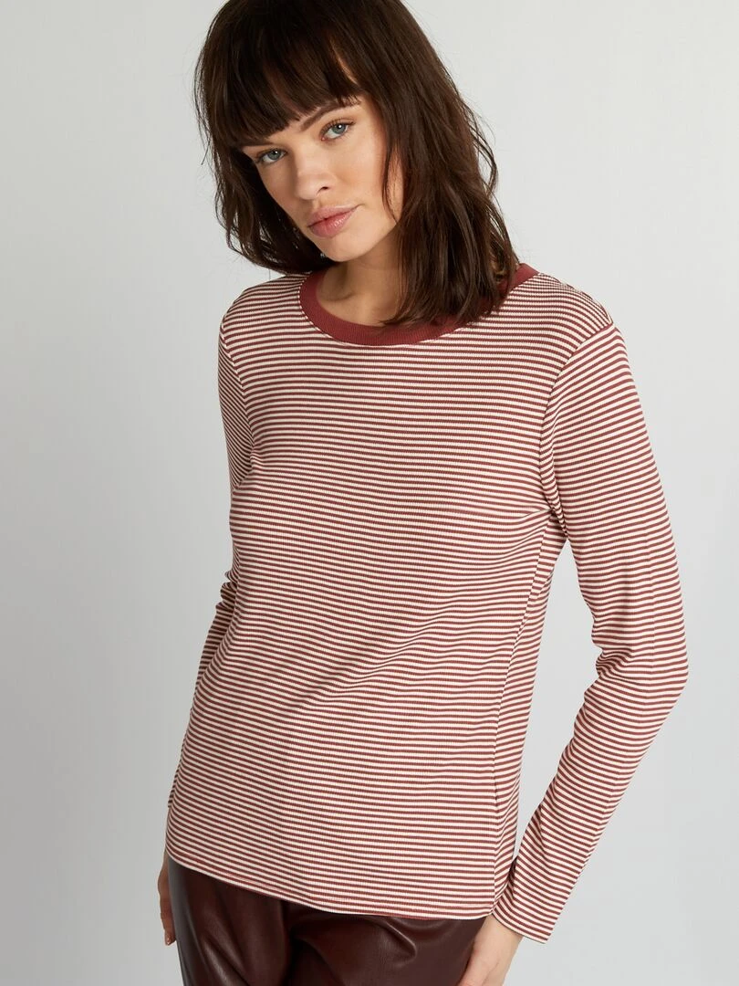 T shirt en maille côtelée stretch Marron/blanc