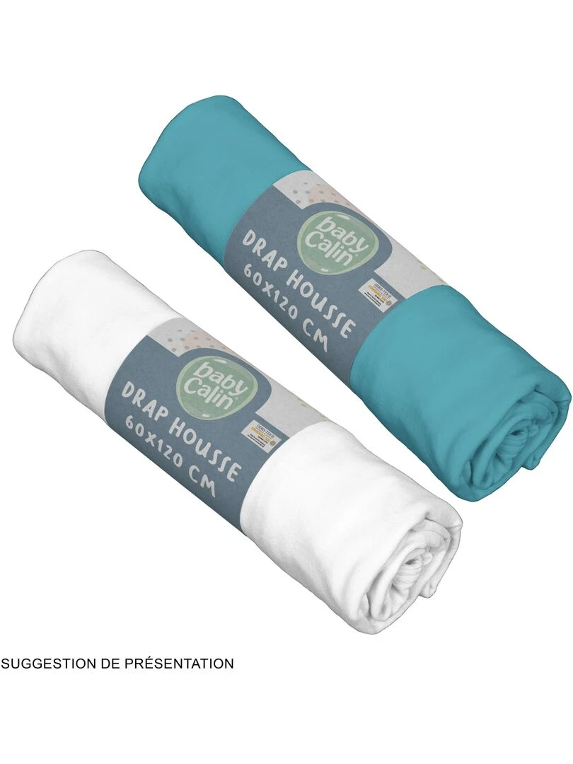 Lot de 2 draps housses unis 60x120 cm Tropical/Blanc Bleu turquoise