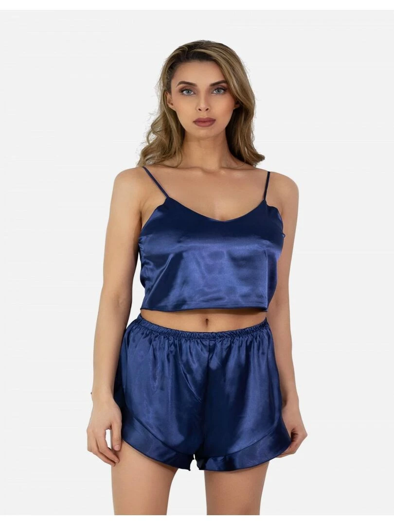 Ensemble Pyjashort fluide en satin Kebello Bleu