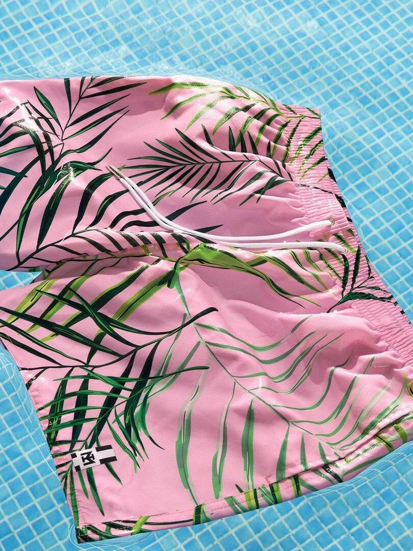 Short de bain court imprimé feuilles Tobago   Rose