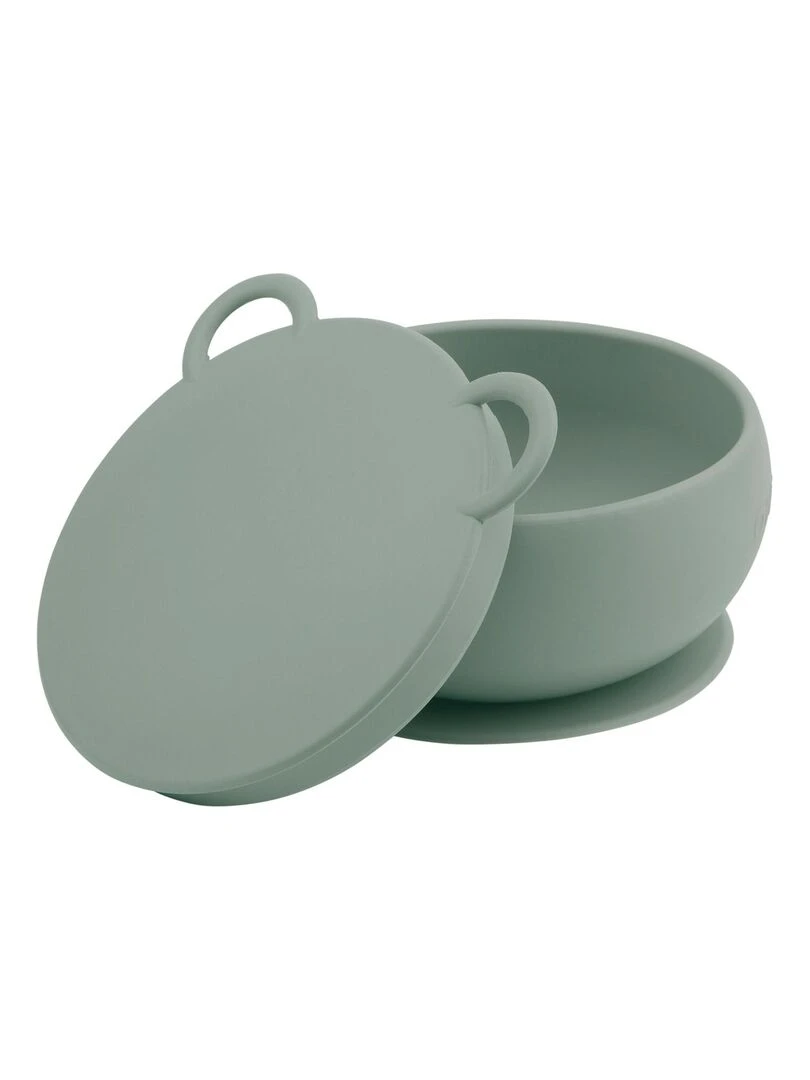 Bol bébé avec ventouse et couvercle en silicone Vert