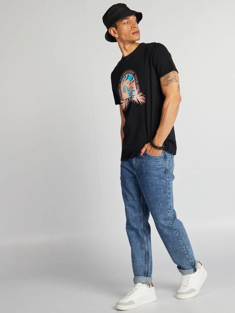 T shirt en coton imprimé à col rond Noir