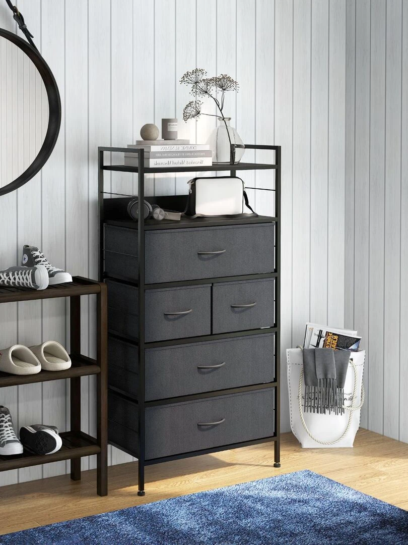 Rangement commode 5 tiroirs 2 étagères acier MDF non tissé noir Noir