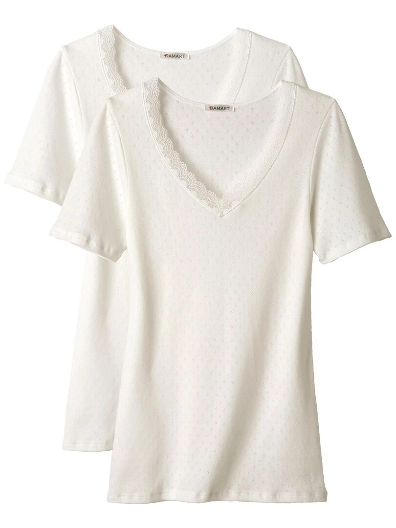 Lot de 2 t shirts Essential maille jacquard et dentelle pur coton peigné Damart Blanc