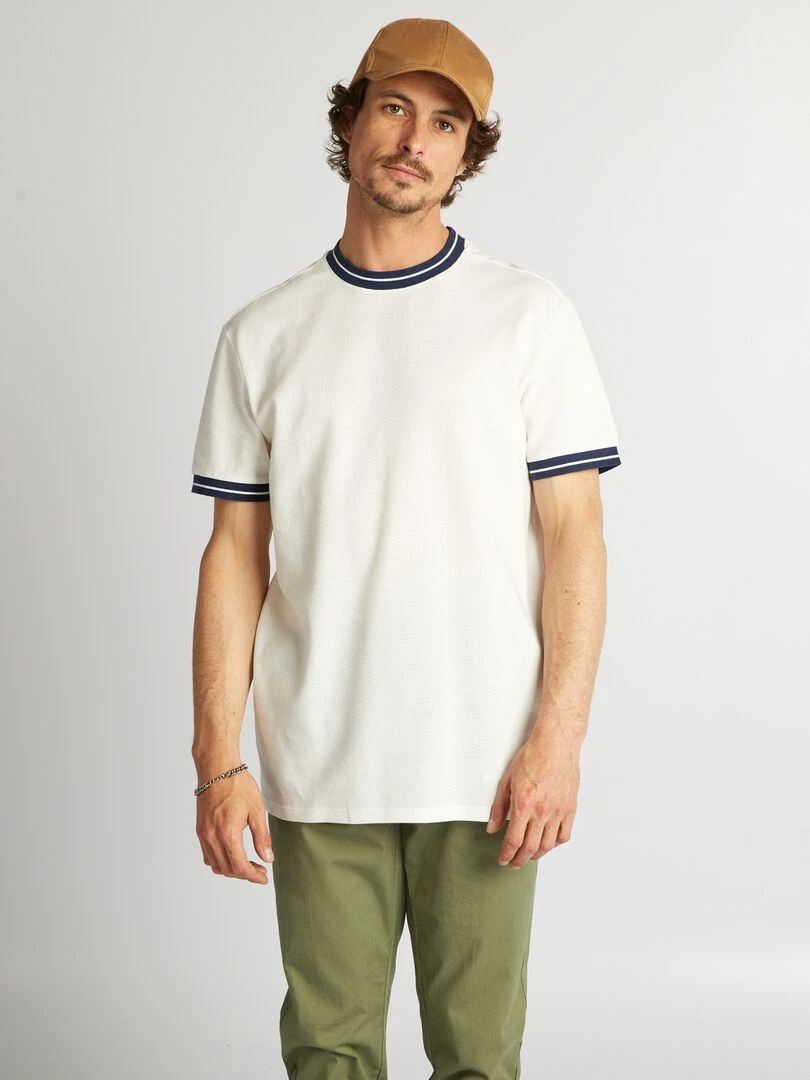 T shirt texturé à liserés contrastants blanc