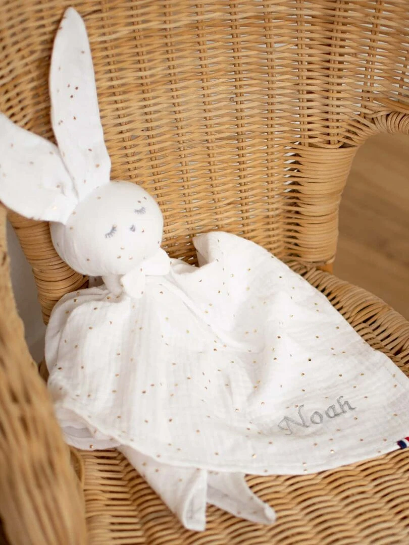 Doudou plat Lapin personnalisable  Jeanne   Blanc Doré