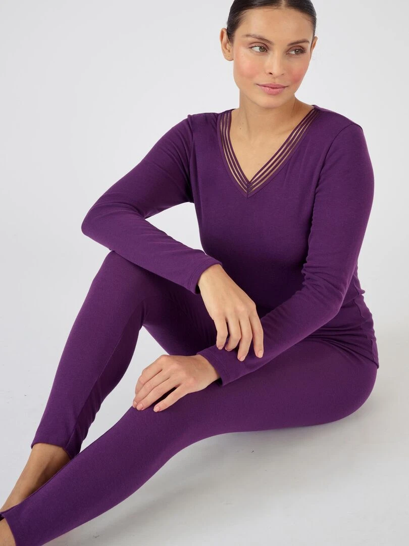 T shirt fine côte Thermolactyl Sensitive col V fantaisie Damart Violet foncé