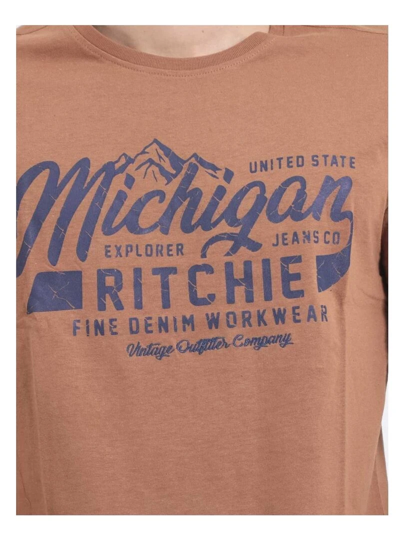 T shirt col rond pur coton JOULTIX   Marron glacé