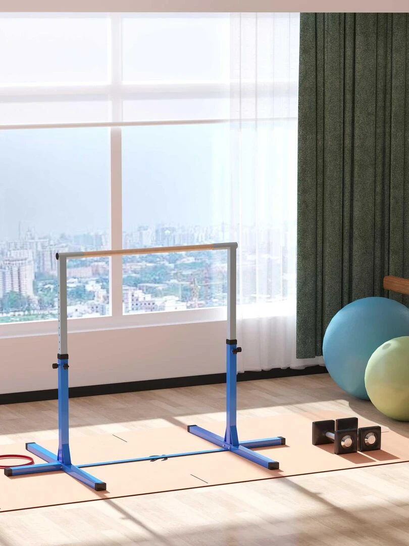 Barre fixe de gymnastique enfant hauteur réglable 13 niveaux acier hêtre   Bleu