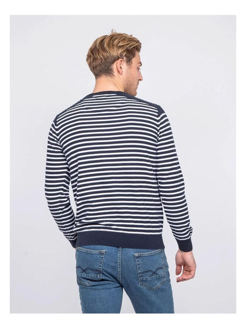 Pull fin col rond rayé coton ADILO Bleu marine