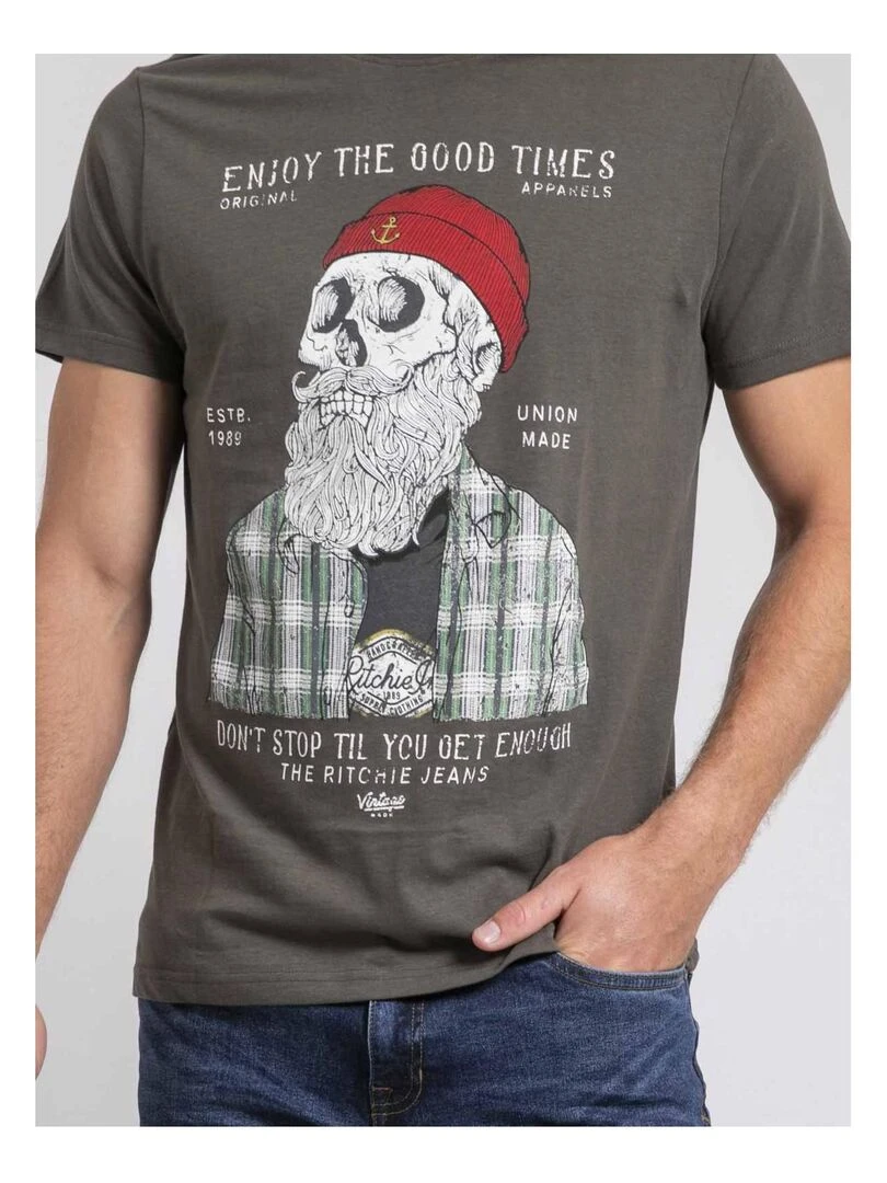 T shirt col rond pur coton JORUSTIX   Kaki