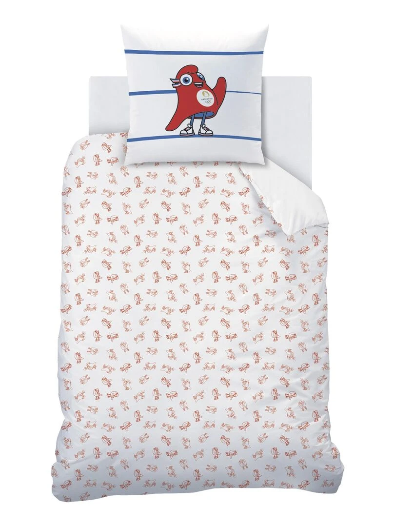Parure de lit imprimée 100% coton  PARIS 2024 MASCOTTE OLYMPIQUE MARINIERE   Blanc