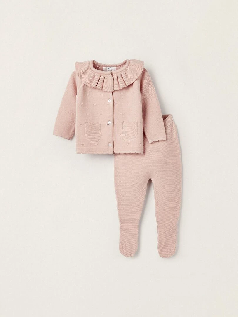 Manteau + Pantalon en Maille pour Nouveau Né EARLY BLOOM Rose clair