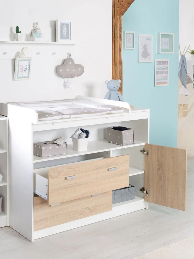 ROBA Commode à Langer "Gabriella" Plan Amovible 2 Tiroirs 1 Porte 1 compartiment – Bicolore Blanc Marron Blanc