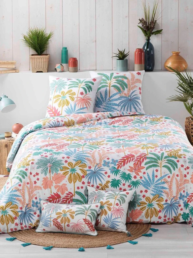 Housse couette + 2 taies 220 x 240 cm Feuilles maya Blanc