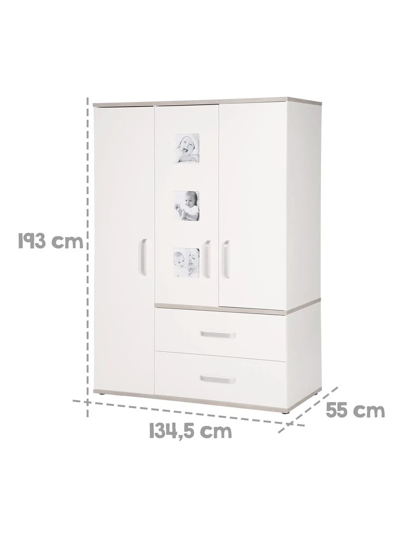 ROBA Armoire "Moritz" 3 portes – avec 3 cadres d'images – blanc / orme lunaire   Blanc