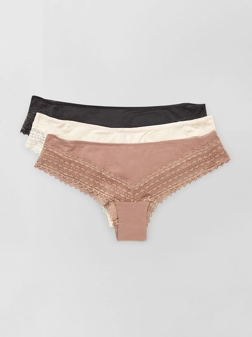 Lot de 3 tangas coton dentelle gris/rose/écru
