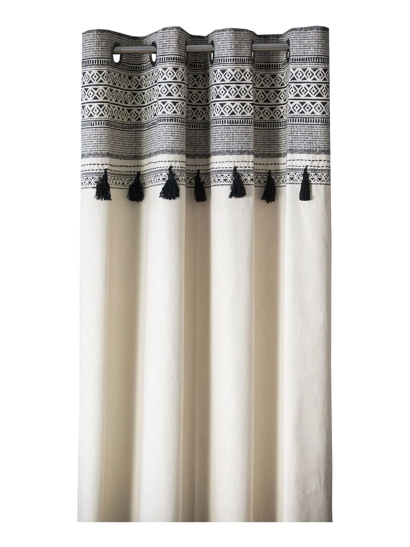 Rideau en coton avec œillets et pompons imprimé AFRICA 'Deko&co' Blanc Gris Noir