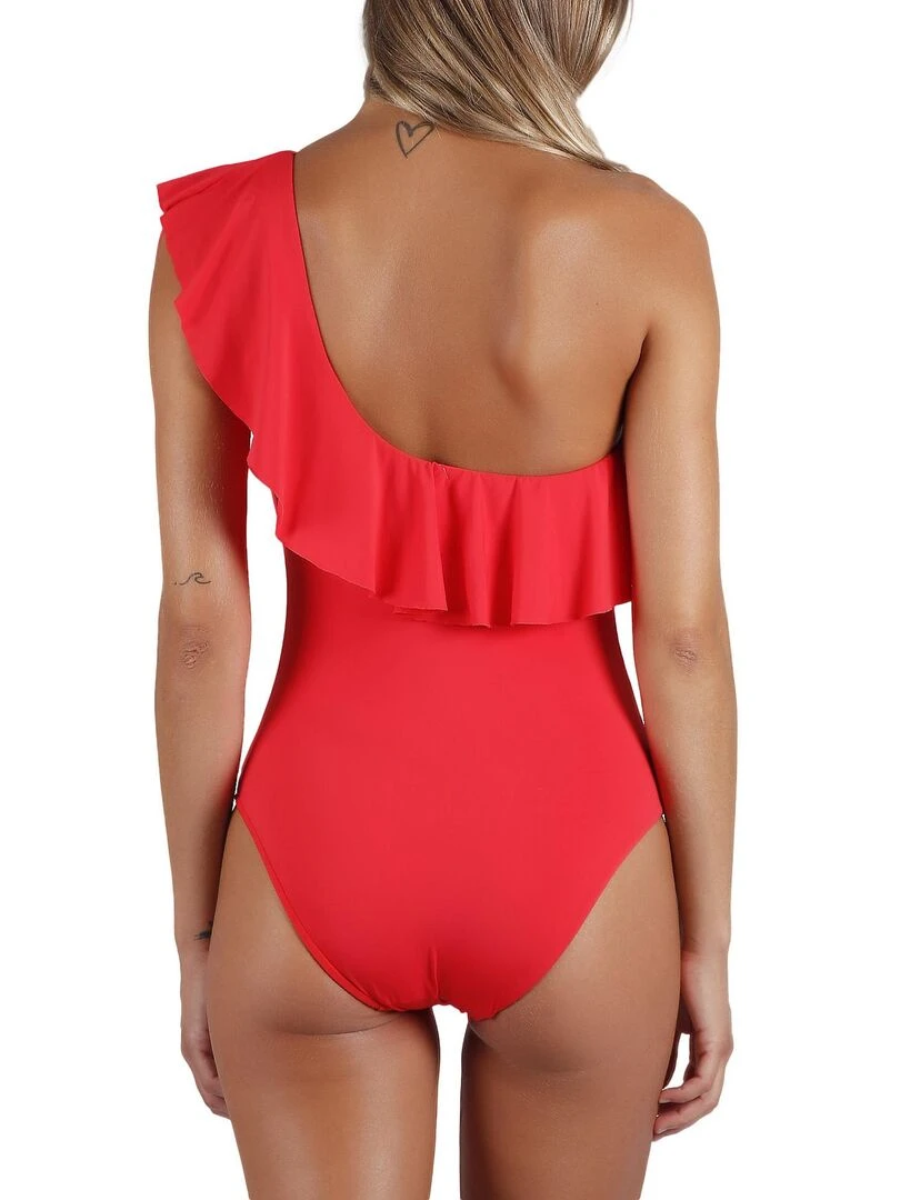 Maillot de bain 1 pièce latéral à volants Rouge