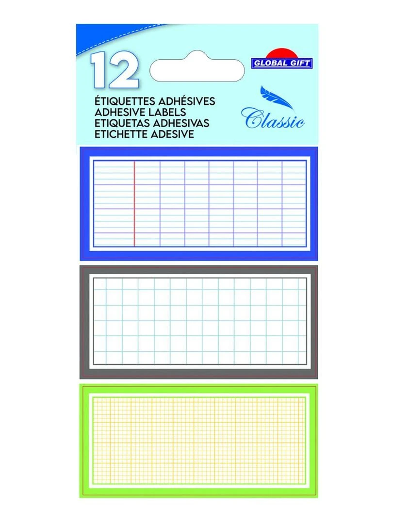 12 étiquettes adhésives scolaires Quadrillé effet cahier tons bleus N/A