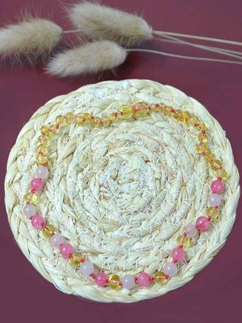 Collier bébé   Ambre et pierres naturelles   Ambre Lemon/Quartz rose/Calcédoine   Rose