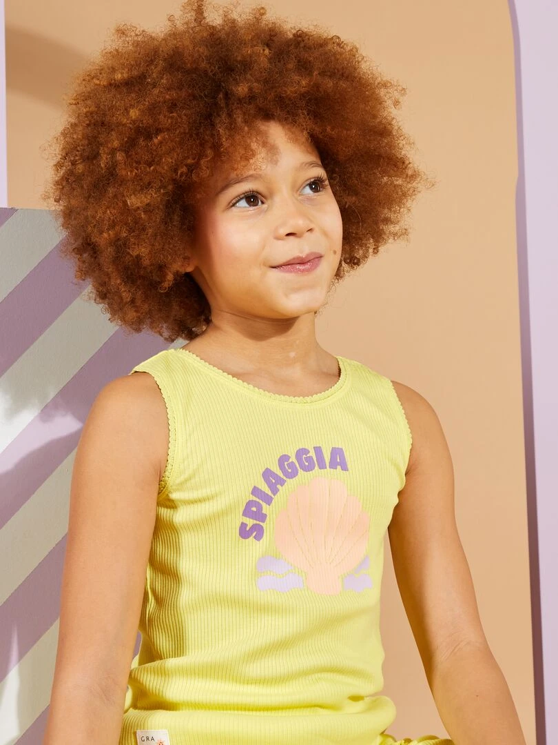 Débardeur côtelé avec finition en dentelle et volantée   Grafik Edition   Jaune