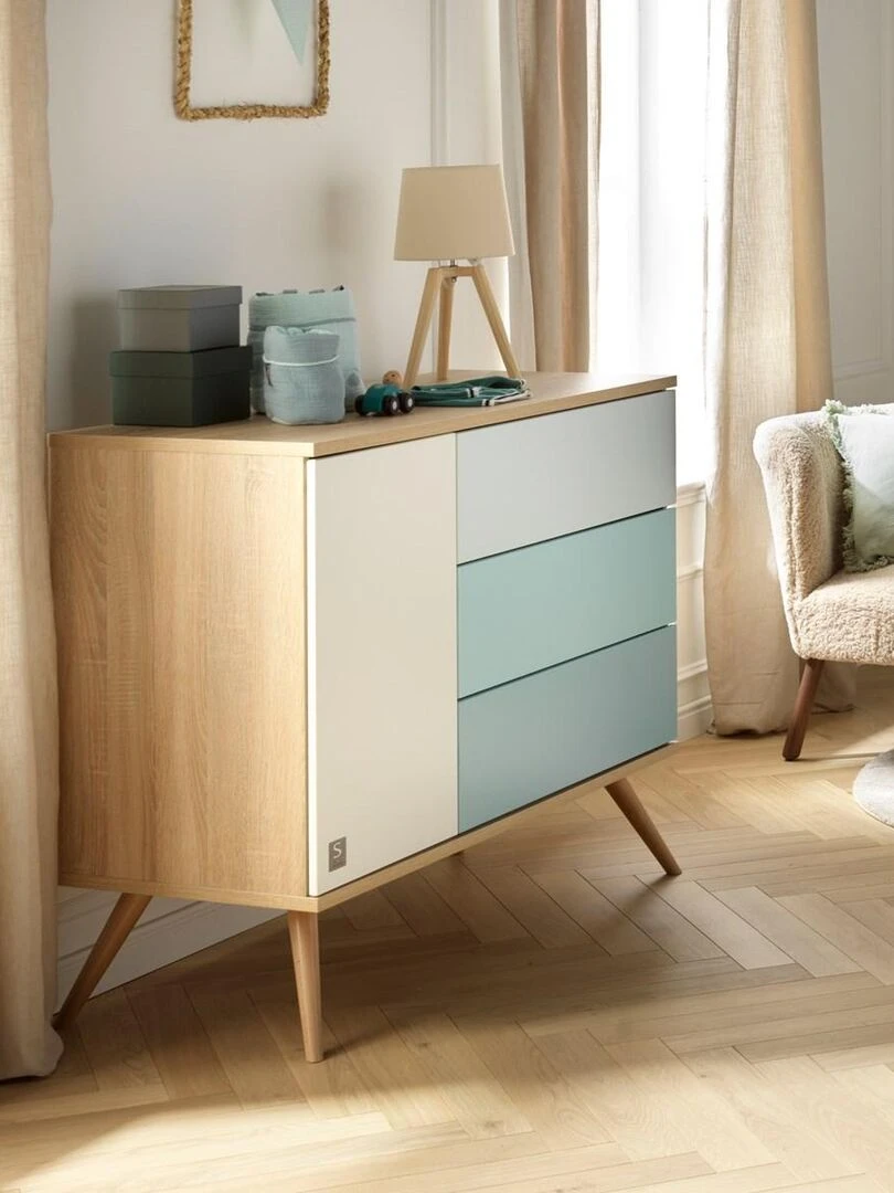 Commode 1 porte 3 tiroirs en bois   SAUTHON   Blanc Bleu