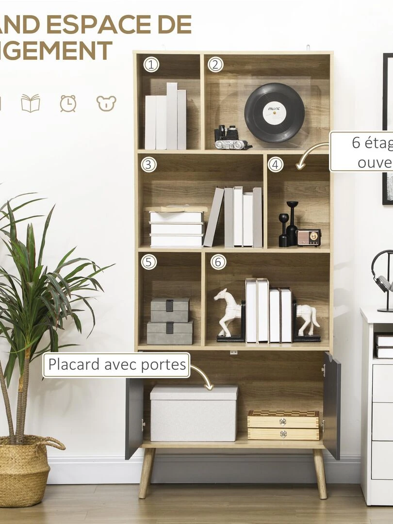 Bibliothèque design   2 portes  6 niches   dim. 80L x 35l x 180H cm   aspect chêne clair gris   Beige